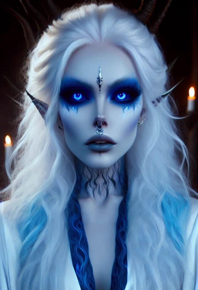 Evil sorceress, piercing blue eyes, white hair, braided hair, casting a spell