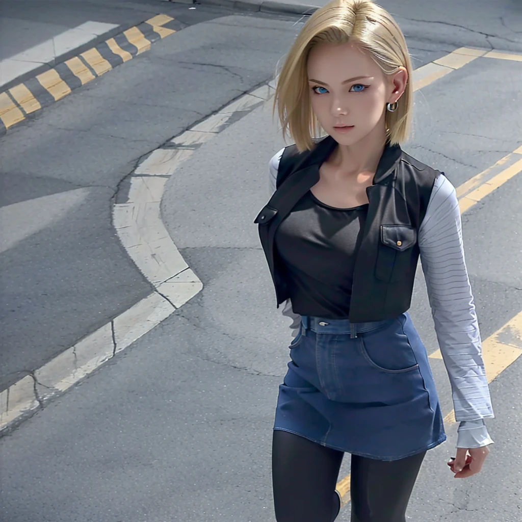Best quality, A high resolution, and18, 1girl in, Android 18, Solo, Blonde hair, Blue eyes, Short hair, Earrings, jewelry, denim vest, Open vest, Black pantyhose, Black shirt, Denim skirt, Striped long sleeves, Blue skirt, Medium breasts, Cowboy shot, street, (Externally expanded Chest: 1.2)