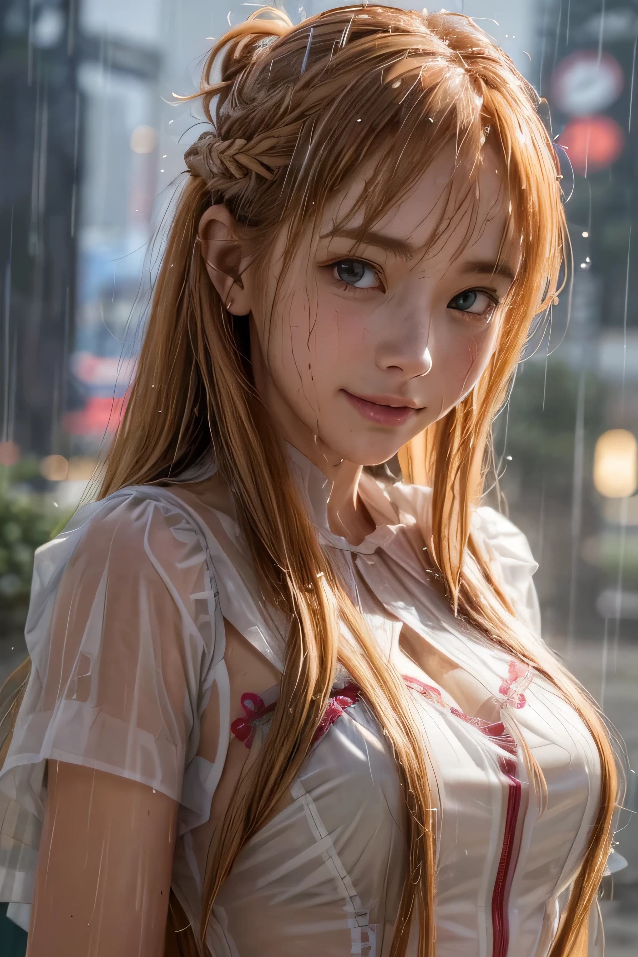 1 Japanese beautiful girl,28yo girl, Super beautiful detailed face, (smile:1.4), earrings, (blonde semi-long straight hair with parted bangs:1.6),(front view:1.5), (medium shot), (chubby body), (neutral-colored large areola:1.4),(nipples), BREAK, masterpiece, best quality, ultra quality, high quality, realistic, photo realistic, RAW photo, hyper detailed, intricate detaile,(crowded street:1.2),cinematic lighting,(completely nude:1.5), (wet body),(wet hair), ((dark cloud and sky)), raining, (rain filtered), (rain splashes in water),(lightning:1.3),(raindrops:1.1),(downpour:1.2),(raining:1.3),above knee shot,((from front)),(hairy pussy:1.1),(camel toe), (Naked_Transparent raincoat hood up),