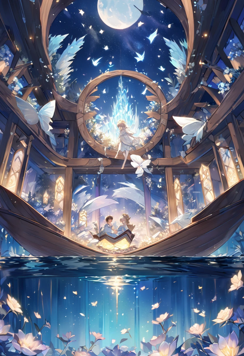 An adult brother and his sister nestled comfortably on the spacious deck of a majestic, magical wooden boat that seems to be a floating piece of art itself. The siblings are adorned in warm, enchanting garments that gently reflect the soft moonlight, which casts an ethereal glow across the serene lake. The boat's deck is intricately carved with whimsical motifs that dance in the shadows, hinting at the ancient and mystical stories it holds within. Behind them, an open-air cabin reveals a cozy bedroom sans walls, allowing the tranquil night breeze to whisper sweet nothings to the plush pillows and velvety blankets that lay upon the inviting bed. The cabin's minimalistic yet opulent design seamlessly blends with the surrounding environment, adorned with delicate strands of twinkling fairy lights that weave through the wooden rafters. The lake stretches on for miles, its still surface mirroring the star-studded sky and the towering blossom forest that envelops the boat in a sea of soft, pastel hues. The petals from the trees above shower the water with a gentle cascade, creating a mesmerizing ripple effect that dances in time with the boat's gentle rocking. In the distance, a majestic ice mountain looms, its frosty peaks glowing with a mysterious luminescence that pierces the darkness, hinting at a hidden realm of frozen wonders. The scene is suffused with an air of tranquility and wonder, as the siblings share a knowing smile, basking in the glow of the moon and the warm embrace of their fantastical floating sanctuary amidst the heart of a serene night in a world where nature and magic coalesce.