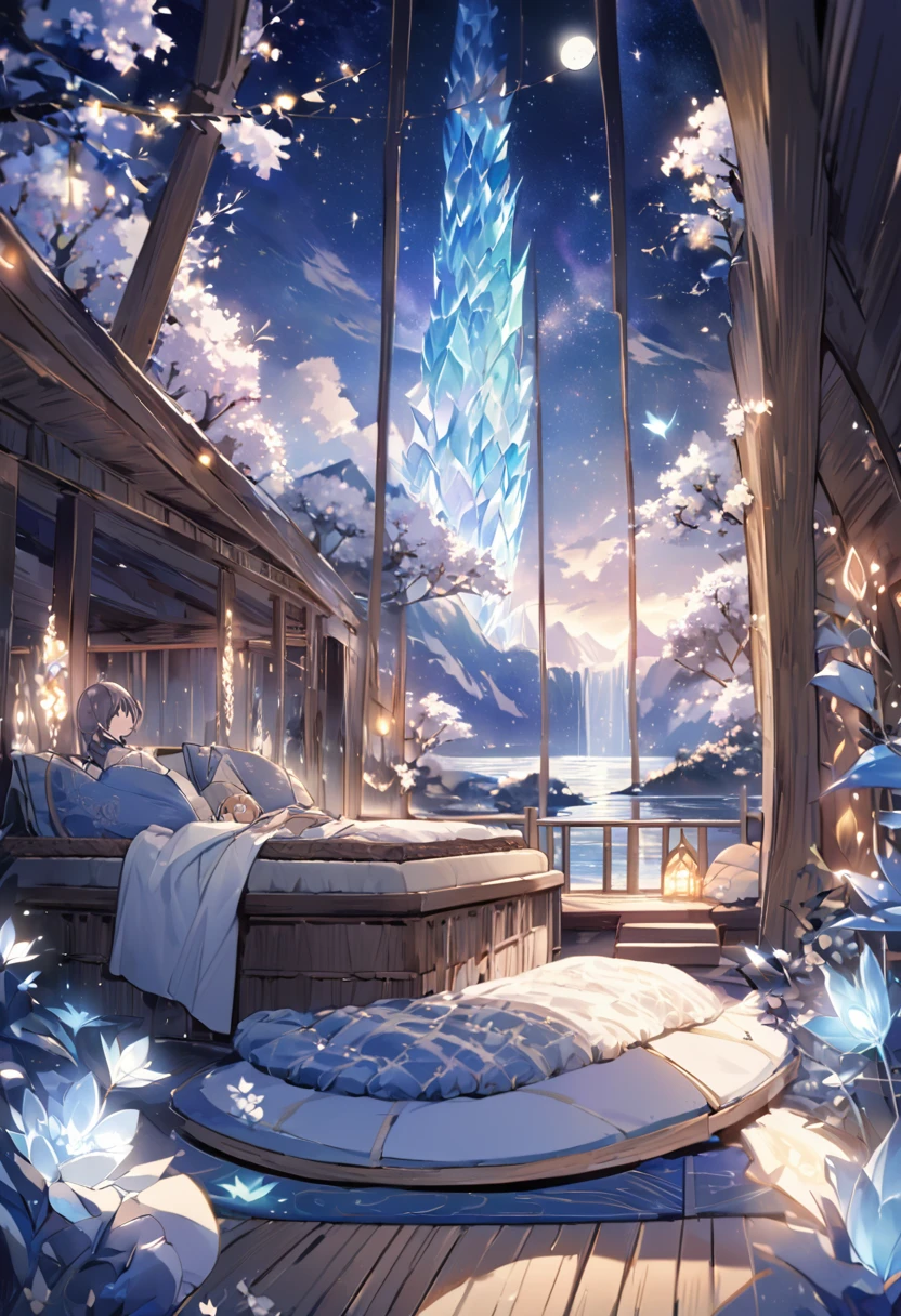 An adult brother and his sister nestled comfortably on the spacious deck of a majestic, magical wooden boat that seems to be a floating piece of art itself. The siblings are adorned in warm, enchanting garments that gently reflect the soft moonlight, which casts an ethereal glow across the serene lake. The boat's deck is intricately carved with whimsical motifs that dance in the shadows, hinting at the ancient and mystical stories it holds within. Behind them, an open-air cabin reveals a cozy bedroom sans walls, allowing the tranquil night breeze to whisper sweet nothings to the plush pillows and velvety blankets that lay upon the inviting bed. The cabin's minimalistic yet opulent design seamlessly blends with the surrounding environment, adorned with delicate strands of twinkling fairy lights that weave through the wooden rafters. The lake stretches on for miles, its still surface mirroring the star-studded sky and the towering blossom forest that envelops the boat in a sea of soft, pastel hues. The petals from the trees above shower the water with a gentle cascade, creating a mesmerizing ripple effect that dances in time with the boat's gentle rocking. In the distance, a majestic ice mountain looms, its frosty peaks glowing with a mysterious luminescence that pierces the darkness, hinting at a hidden realm of frozen wonders. The scene is suffused with an air of tranquility and wonder, as the siblings share a knowing smile, basking in the glow of the moon and the warm embrace of their fantastical floating sanctuary amidst the heart of a serene night in a world where nature and magic coalesce.
