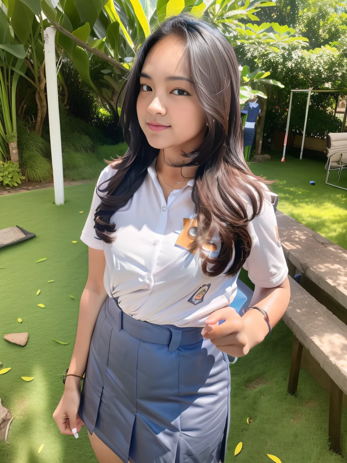 1girl, (Indonesian_high_school_uniform), standing, outdoors, chubby body, tall body, detailed face, detailed eyes, thick , shiny skin, tight shirt, grey blue short skirt, eye contact with the camera, low angle shot, professional light,(8k, RAW photo, best quality, masterpiece: 1.2), (realistic, realistic: 1.37), ultra-high resolution