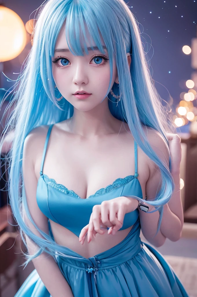 Ultra HD、A beautiful blue-haired character、Very large eyes like in an anime、Red burning cheeks、Night scene with starry sky background、Wearing a gorgeous dress、Subtle details、A fantastic atmosphere、Anime style
