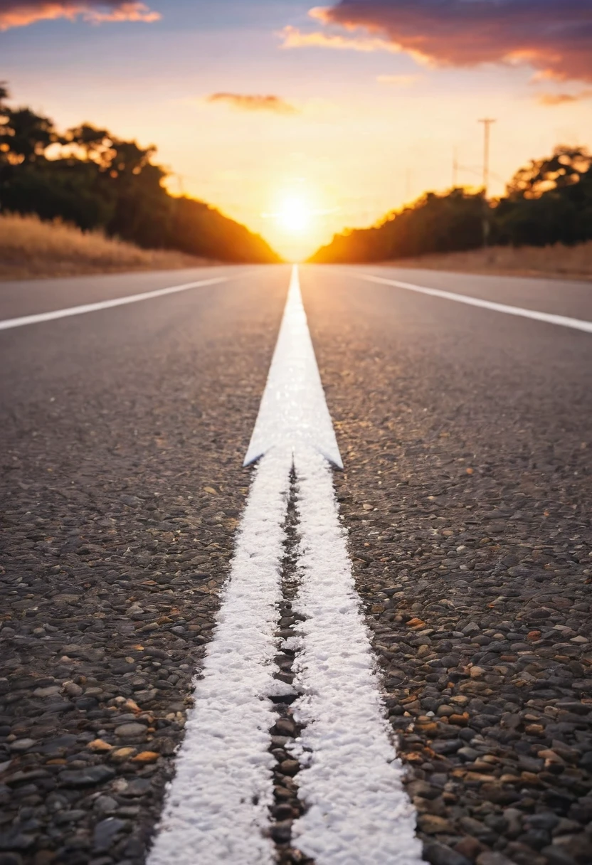 Low angle photography of a white arrow on the asphalt road during the sunset. Straight ahead way concept, path to success direction, business career future guidance, journey to the destination