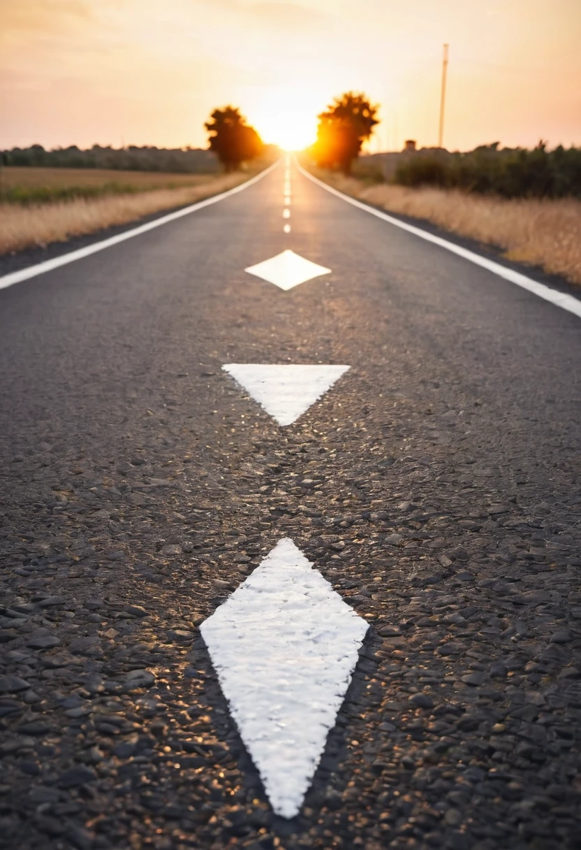 Low angle photography of a white arrow on the asphalt road during the sunset. Straight ahead way concept, path to success direction, business career future guidance, journey to the destination