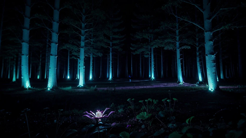 Bioluminescent forest at night, glowing flora and fauna