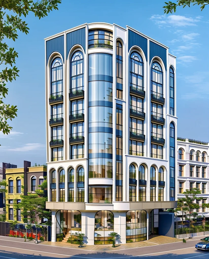 (masterpiece, best quality:1.2) Indochina building, (curved window), plants on company, building, exterior, architecture design, building in street