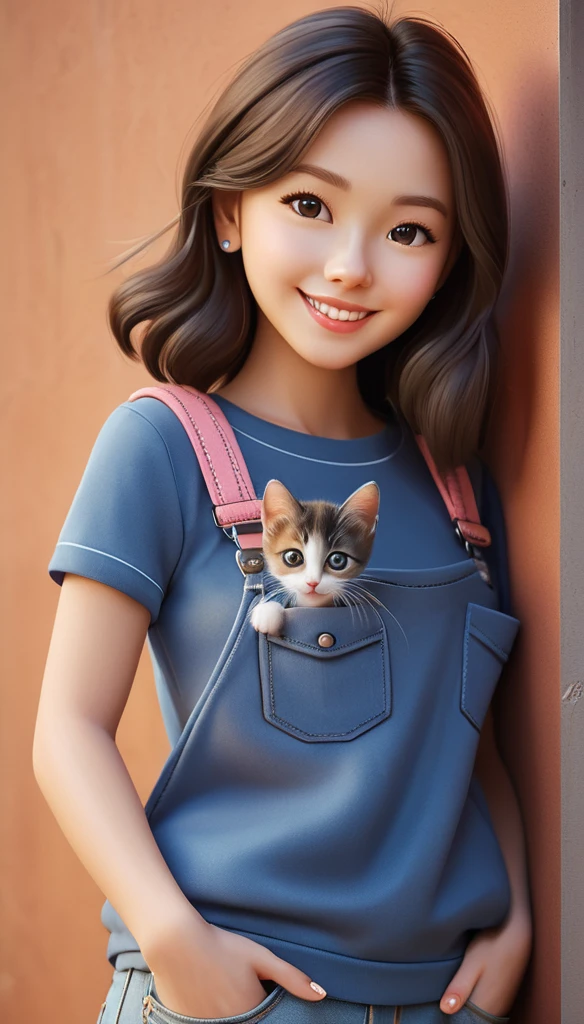 A detailed and cute illustration of a girl with a kitten peeking out from her pocket. The girl has a cheerful expression, wearing casual clothes, and the pocket is on her chest. The kitten is small with big eyes, appearing curious and playful, with its front paws and head sticking out of the pocket. The background is simple, focusing on the girl and the kitten.