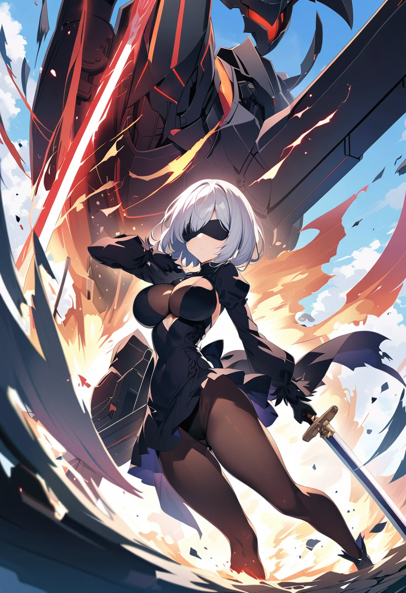 2B Nier Automata,masterpiece, 最high quality, High resolution,  Black clothes 、Black Pantyhose、Dark church at night、Wear a miniskirt、Thin legs、Big Breasts、Slim figure、high quality　CG Tone、Gray Hair、Black blindfold、Short Bob、Surrounded by mechanical soldiers、Cutting a mechanical soldier with a sword、stylish、Japanese sword、Clothes get torn、Damage、Being attacked