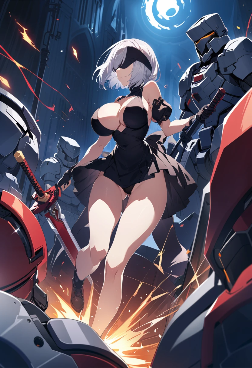 2B Nier Automata,masterpiece, 最high quality, High resolution,  Black clothes 、Black Pantyhose、Dark church at night、Wear a miniskirt、Thin legs、Big Breasts、Slim figure、high quality　CG Tone、Gray Hair、Black blindfold、Short Bob、Surrounded by mechanical soldiers、Cutting a mechanical soldier with a sword、stylish、Japanese sword、Clothes get torn、Damage、Being attacked