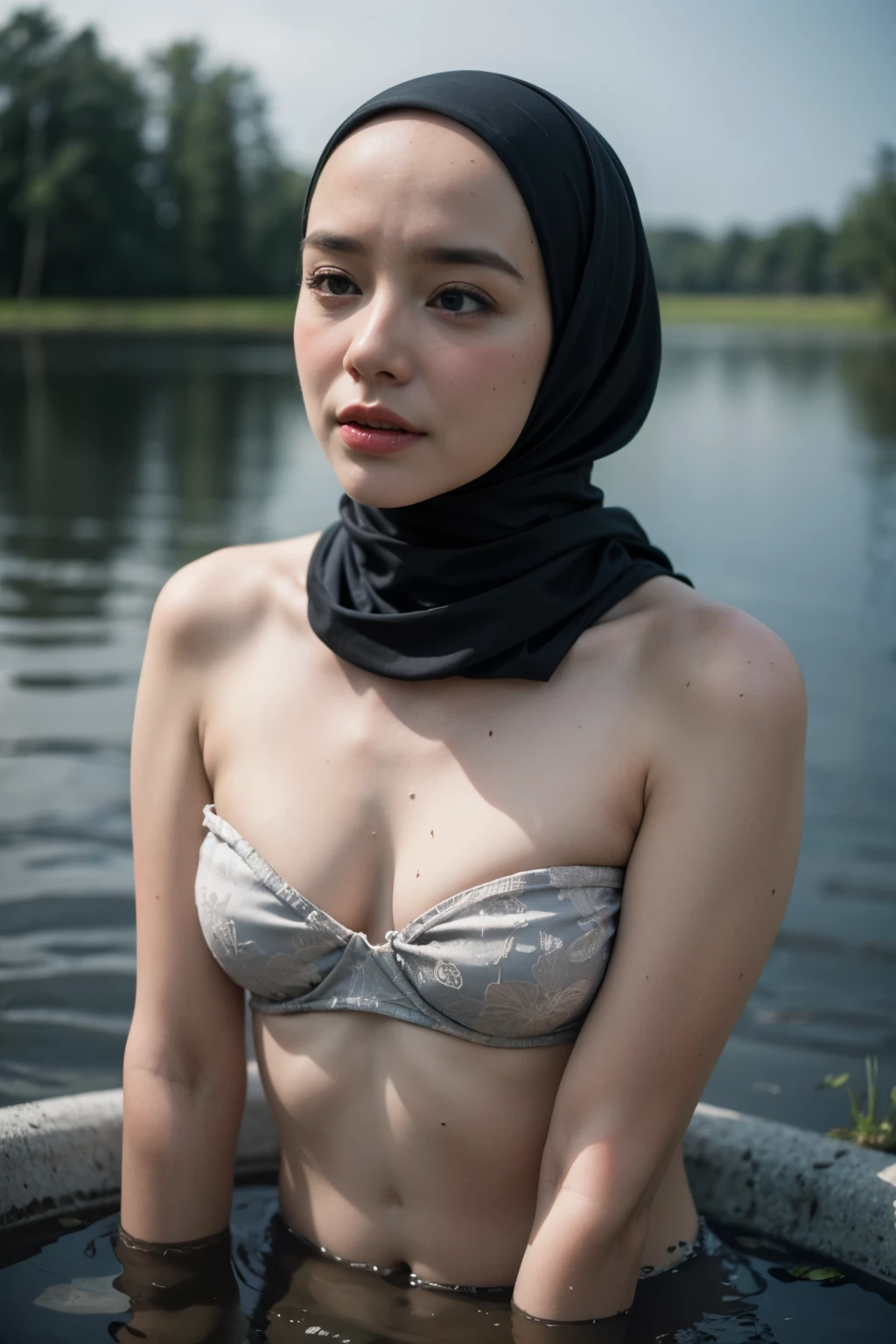 (((HIJAB))), A girl with a very fat body naked in the middle of a dilapidated bridge, (((STRAPLESS BRA)))