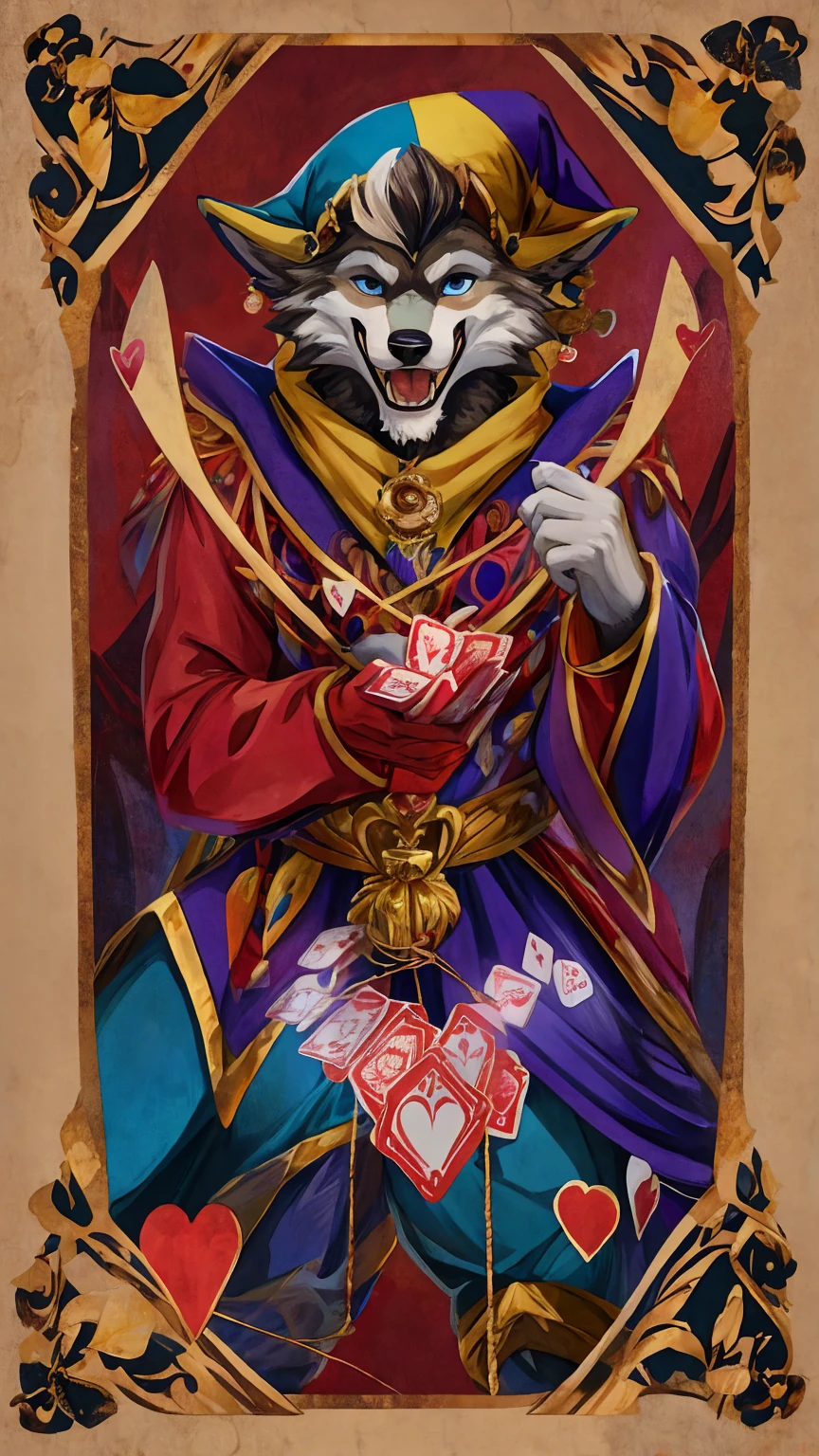 I'm your jester, you're my king
Pulling my strings, making my heart sing
With every word you say, every move you make
You hold all the cards in this shadow play, furry wolf anthro jester