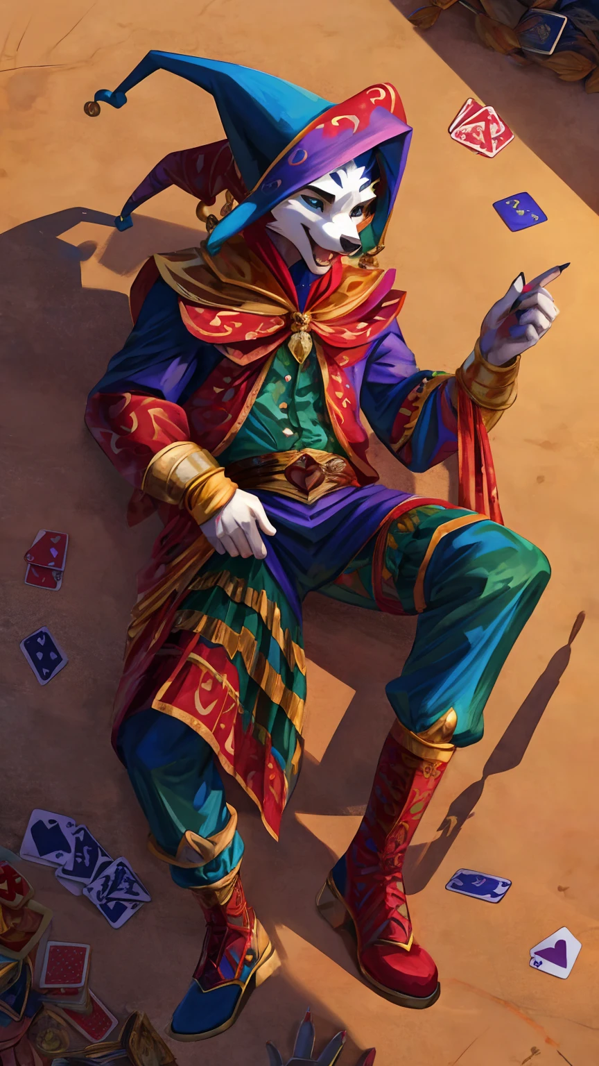 I'm your jester, you're my king
Pulling my strings, making my heart sing
With every word you say, every move you make
You hold all the cards in this shadow play, furry wolf anthro jester