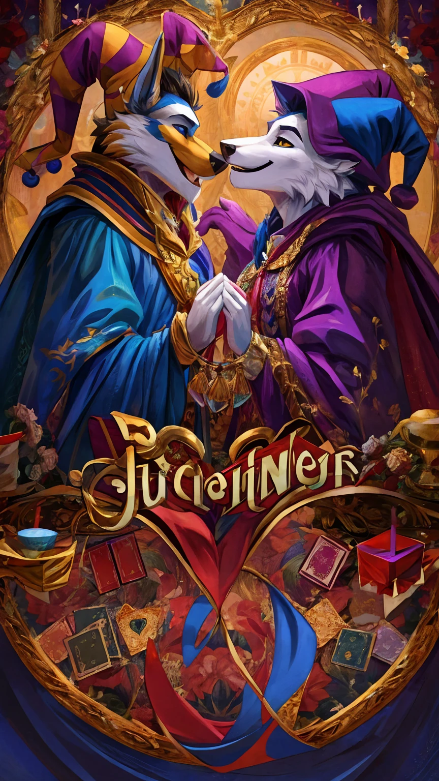 I'm your jester, you're my king
Pulling my strings, making my heart sing
With every word you say, every move you make
You hold all the cards in this shadow play, furry wolf anthro jester