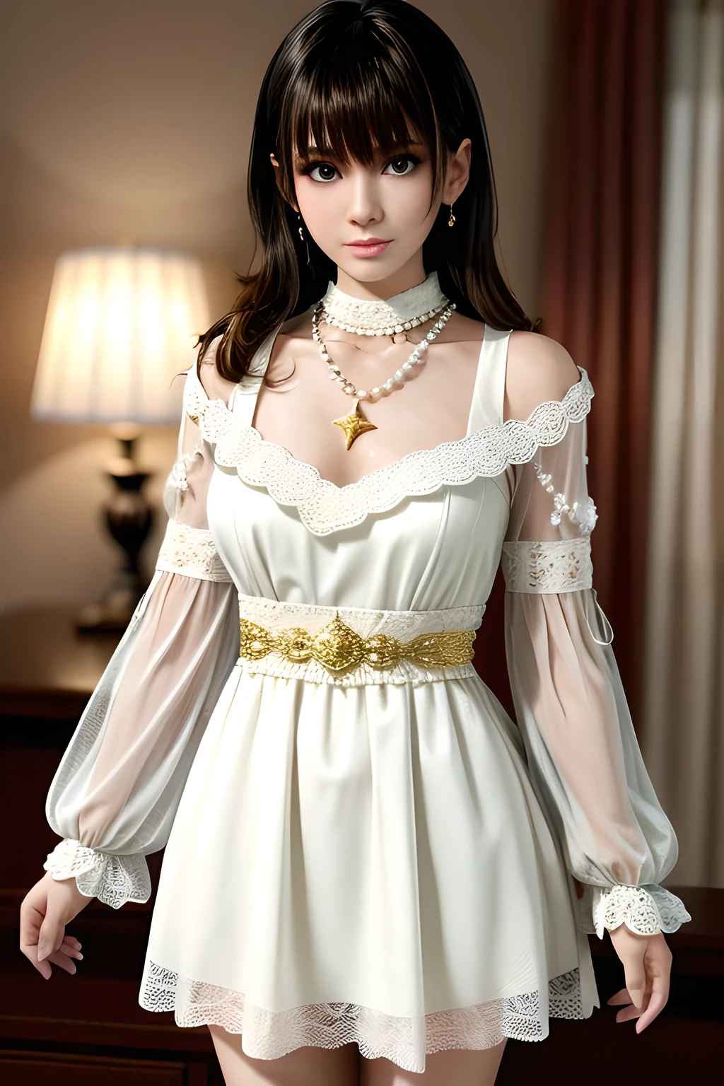 1girl is wearing a graceful white dress with a pearl necklace. The dress is adorned with delicate lace and has capped sleeves. The fabric is embellished with sparkling accents resembling stars. The person is also wearing a gold bracelet on their left wrist. Their hair is styled in an elegant updo, and they are wearing dangling earrings. The background features an indoor setting with soft lighting, a floor lamp, and translucent curtains that let in gentle daylight, creating a serene and sophisticated atmosphere,Nanami