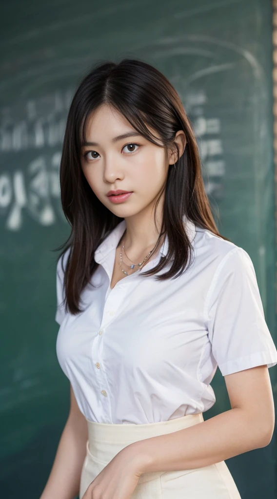 (Highly detailed CG Unity 8k wallpaper)、(masterpiece)、(Highest quality)、(Super detailed)、(Best illustrations)、(Best Shadow)、Ultra-high resolution、(Real、Photorealistic:1.2)、(student teacher:1.4)、Messy medium length hair、(Large Breasts:1.4)、((A neat white shirt and a tight skirt:1.4))、((Stand in front of the blackboard:1.4))、(School classroom:1.4)、(Cute Necklace:1.2)、Puffy eyes、Close-up、Cloudy soft light、(Upper Body:1.4)
