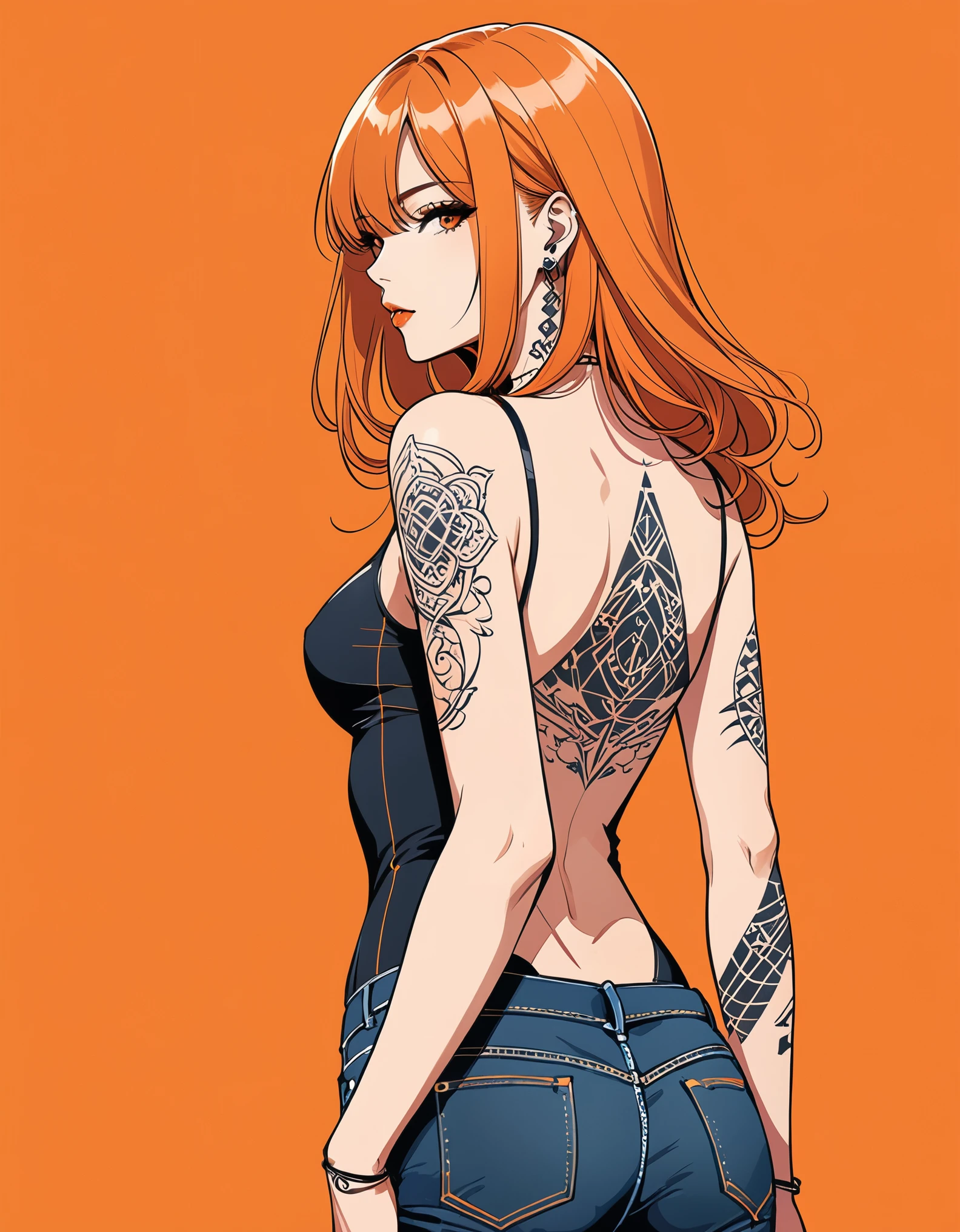 in style of Kilian Eng,Minimalist Lines and Shapes,(Tattoo Designs:1.5),(tattoo:1.8)closeup,1girl,独奏,Orange background,Plaid sleeveless bodysuit T-shirt,Beautiful butt curves,jeans,Lean forward,Standing,1 hand supports the leg,The other hand is behind his back,looking at viewer,Long orange hair,Simple style,