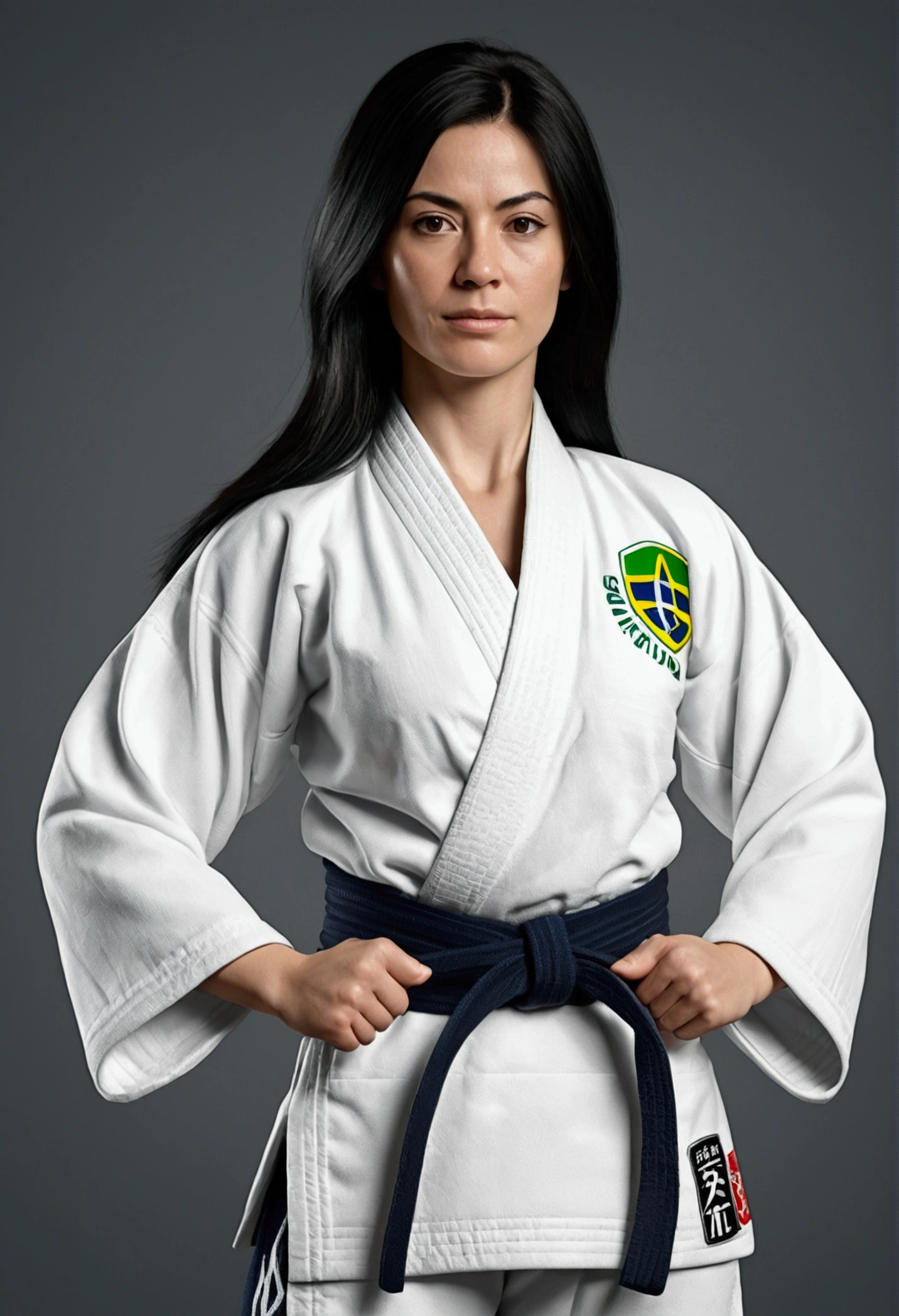 white woman, black hair, with kimono of brazilian jiu-jitsu, white belt, with parallel arms, woman in a standing position, soft and friendly face Children's studies, 8k, hyper realistic, detailed.