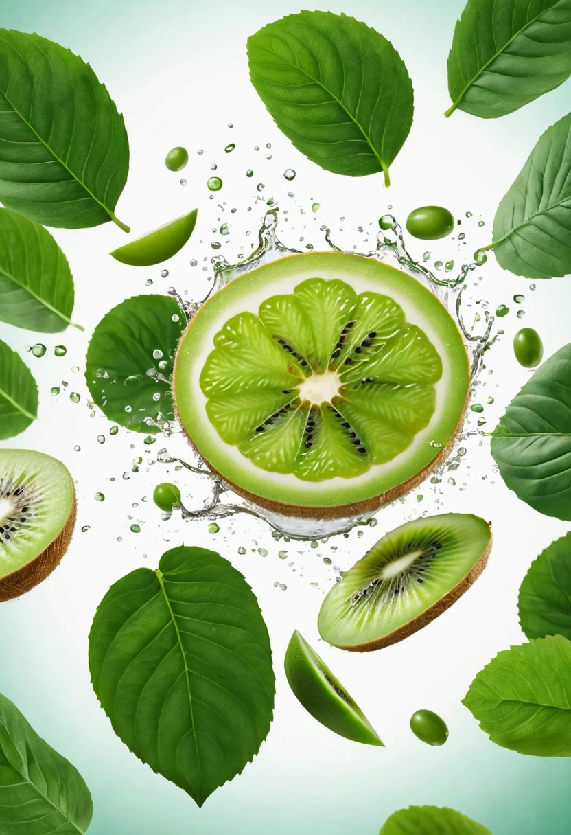 Kiwi with half slices falling or floating in the air with green leaves isolated on background, Fresh organic fruit with high vitamins and minerals.