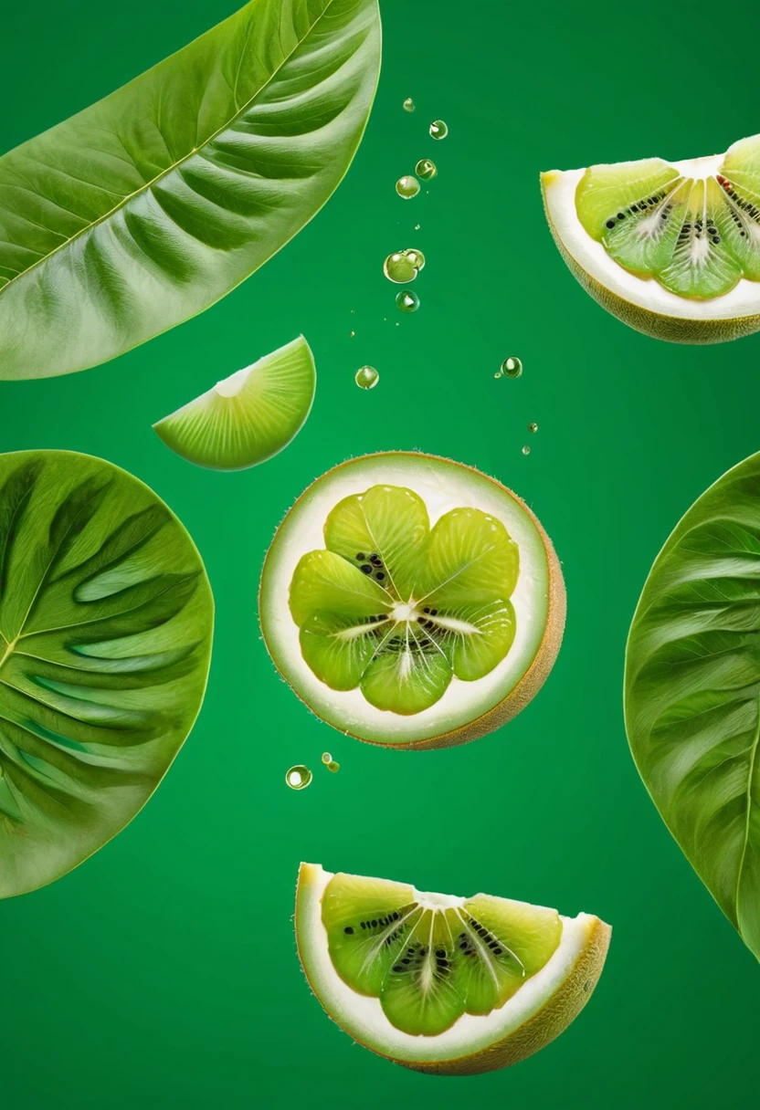 Kiwi with half slices falling or floating in the air with green leaves isolated on background, Fresh organic fruit with high vitamins and minerals.
