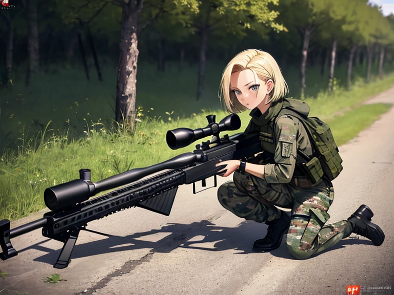 Anti-tank rifles, Sniper, Sniper手, android１８Number, (masterpiece), highest quality, 1girl, uhd, retina, masterpiece, ccurate, anatomically correct, textured skin, super detail, high details, high quality, best quality, highres, 4K