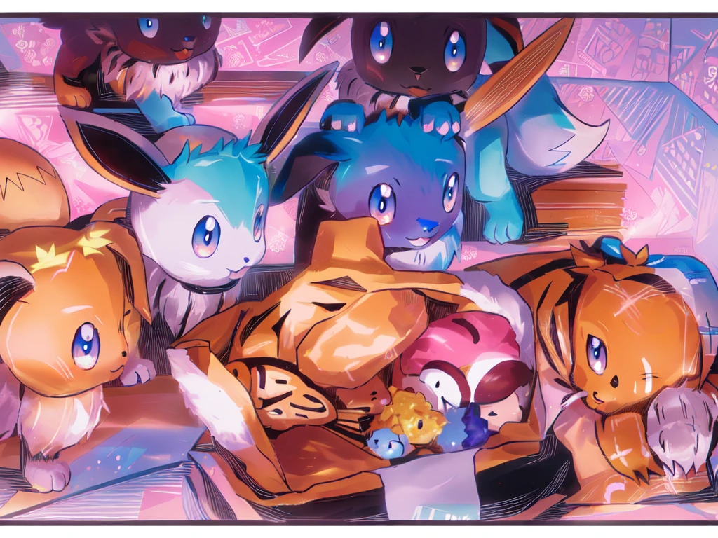 a group of Pokemon Eevees, there are plastic bags containing food such as meat patties and others, there are 6 Eevees, manga, ((LineArt))