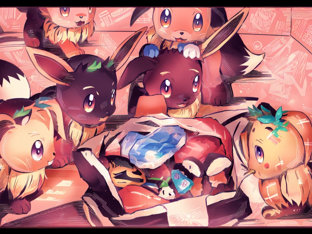 a group of Pokemon Eevees, there are plastic bags containing food such as meat patties and others, there are 6 Eevees, manga, ((LineArt))