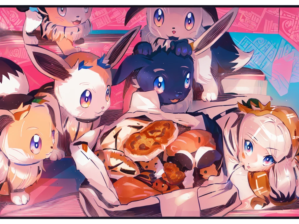 a group of Pokemon Eevees, there are plastic bags containing food such as meat patties and others, there are 6 Eevees, manga, ((LineArt))