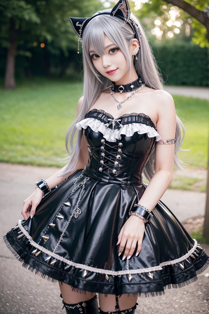 sexy stylish female model, only 1 female, ((doll-like appearance)), long stylish hair, ((shiny Punk-Style boots)), (happy smile), ultra detailed eyes, long lashes, metallic makeup, lip-gloss, ((sexy Punk Lolita cosplay)), unconventional skirt, petticoats, high neckline, ((ultra detailed lace)), ((ultra detailed embroidery)), intricate details, tartan patterns, safety pins, Punk Lolita accessoires, short black gloves, Punk Lolita choker, ((large sparkling Punk Lolita jewelry)), cinematic light, detailed sunny large park background with trees