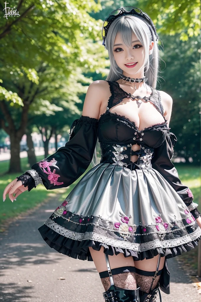 nsfw, sexy stylish Swedish model, only 1 female, ((doll-like appearance)), short purple stylish hair, shiny Victorian-Style boots, beautiful smile, ultra detailed eyes, vivid eye makeup, lipgloss, long lashes, defined eyebrows, ((sexy Paradise Kiss cosplay)), bell-shaped skirt, petticoats, high neckline, puffed sleeves, ((ultra detailed lace)), ((ultra detailed embroidery)), intricate details, Paradise Kiss accessoires and matching headpiece, choker, ((large sparkling Paradise Kiss jewelry)), cinematic light, detailed large park background with trees