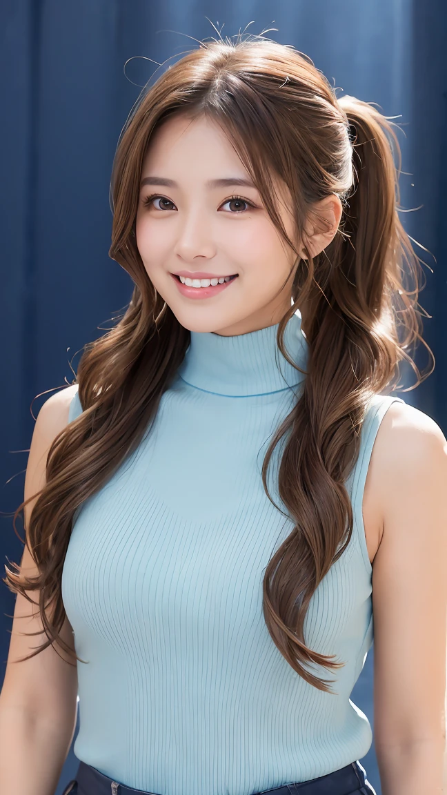 A young woman with brown wavy hair tied in a long loose ponytail、She is wearing a light blue sleeveless turtleneck。She is smiling brightly、Have a naturally glowing skin。The background is softly lit、Creating a warm and comfortable atmosphere。The overall mood is、It&#39;s bright and calm。