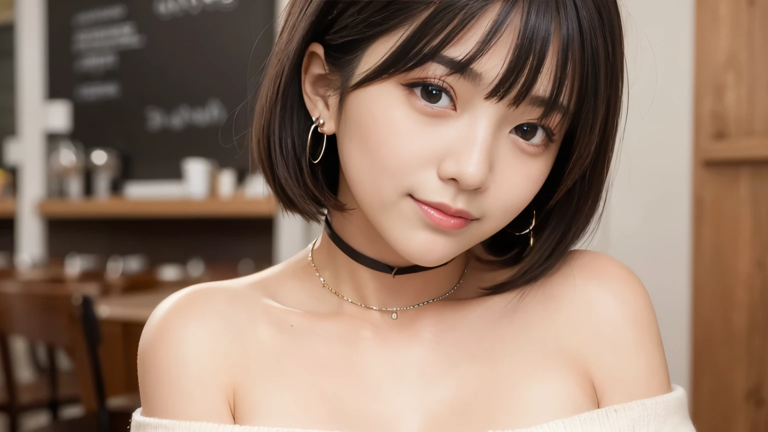 Highest quality, masterpiece, Ultra-high resolution, Realistic, 1 girl, Off the shoulder, knit, smile, smile, Slightly visible, Extra Large_sweater, Soft lighting, Detailed skin, bangs, Black Hair, Clear Eyes, Short Bob Hair, Transparency, Inside the cafe, Japanese, Beautiful woman, Upward glance, Lip gloss, Black Thick Choker, tears, Mole on chest, Eye highlights, Inside the cafeでの撮影