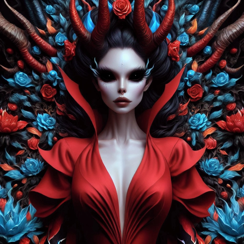 a close up of a woman in a red dress with a large flowered headpiece, beautiful elegant demon queen, inspired by Hedi Xandt, colorfull digital fantasy art, 4k highly detailed digital art, 3d digital art 4k, beautiful digital artwork, gorgeous digital art, stunning digital illustration, natalie shau tom bagshaw, 4k detailed digital art