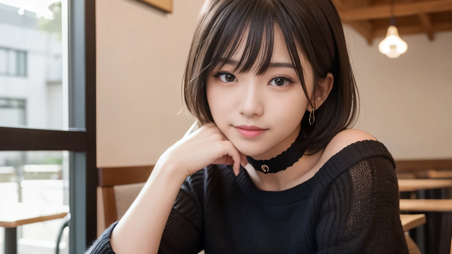 Highest quality, masterpiece, Ultra-high resolution, Realistic, 1 girl, Off the shoulder, knit, smile, smile, Slightly visible, Extra Large_sweater, Soft lighting, Detailed skin, bangs, Black Hair, Clear Eyes, Short Bob Hair, Transparency, Inside the cafe, Japanese, Beautiful woman, Upward glance, Lip gloss, Black Thick Choker, tears, Mole on chest, Eye highlights, Inside the cafeでの撮影