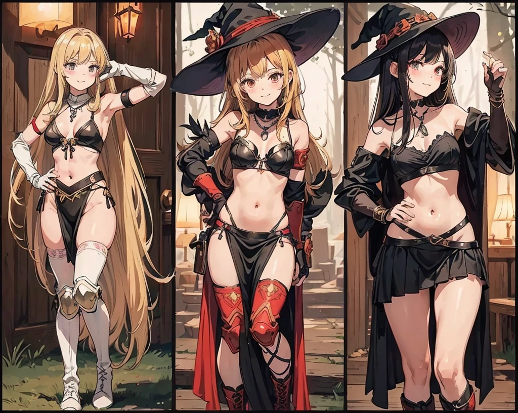 a group of beautiful witch girls in the middle of a forest in the night, tribal tattoo ,multiple girls, five girls, light armor ,elbow pads, knee pads, red and blonde hair , standing girl young girl, gloves, elbow pads, boots, smiles, small breasts, long black dress, necklaces, full body,