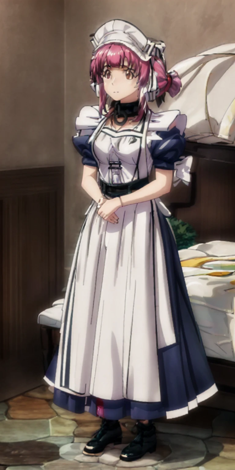 Roxanne, Sherry maid slave on bed open arms(masterpiece, top quality, best quality) pixel art, Slave 1girl full body toe to head, maid dress