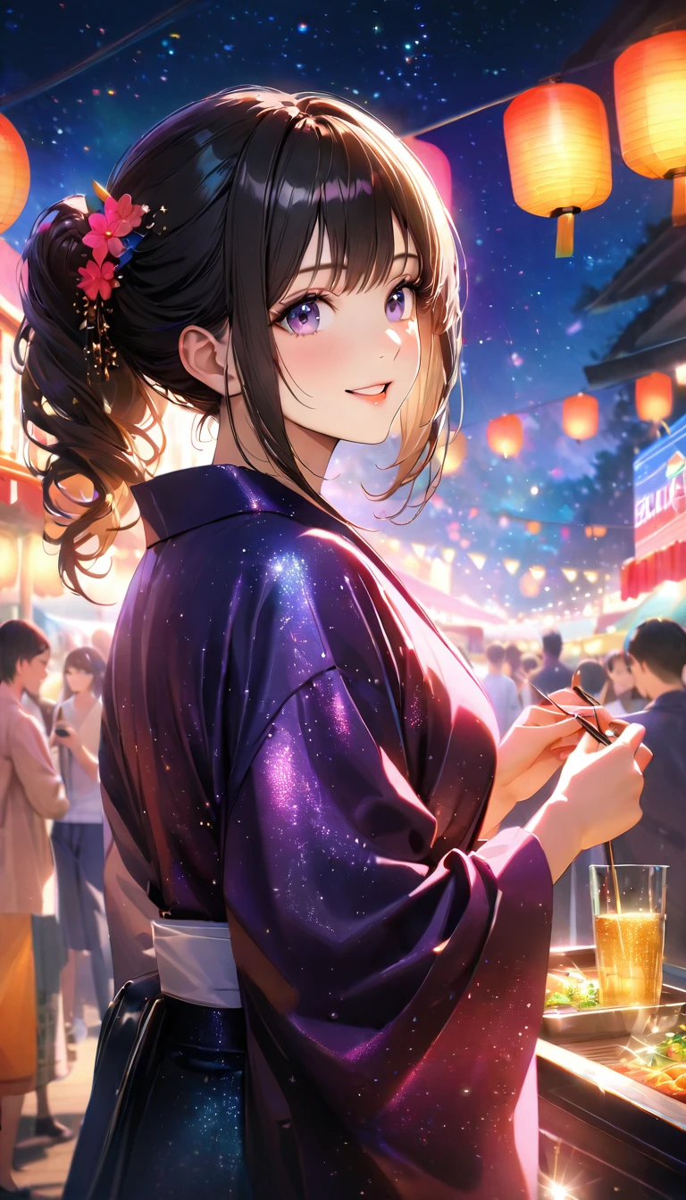 Young woman enjoying the summer festival,night, Starry Sky,yukata,Gazing at the sky,high school girl,smile,Glitter effect,Highest quality, 8k, High resolution, masterpiece:1.2, Very detailed, Realistic:1.37, High resolution, 超High resolution, Ultra-fine painting, Very detailed, Professional, Vibrant colors