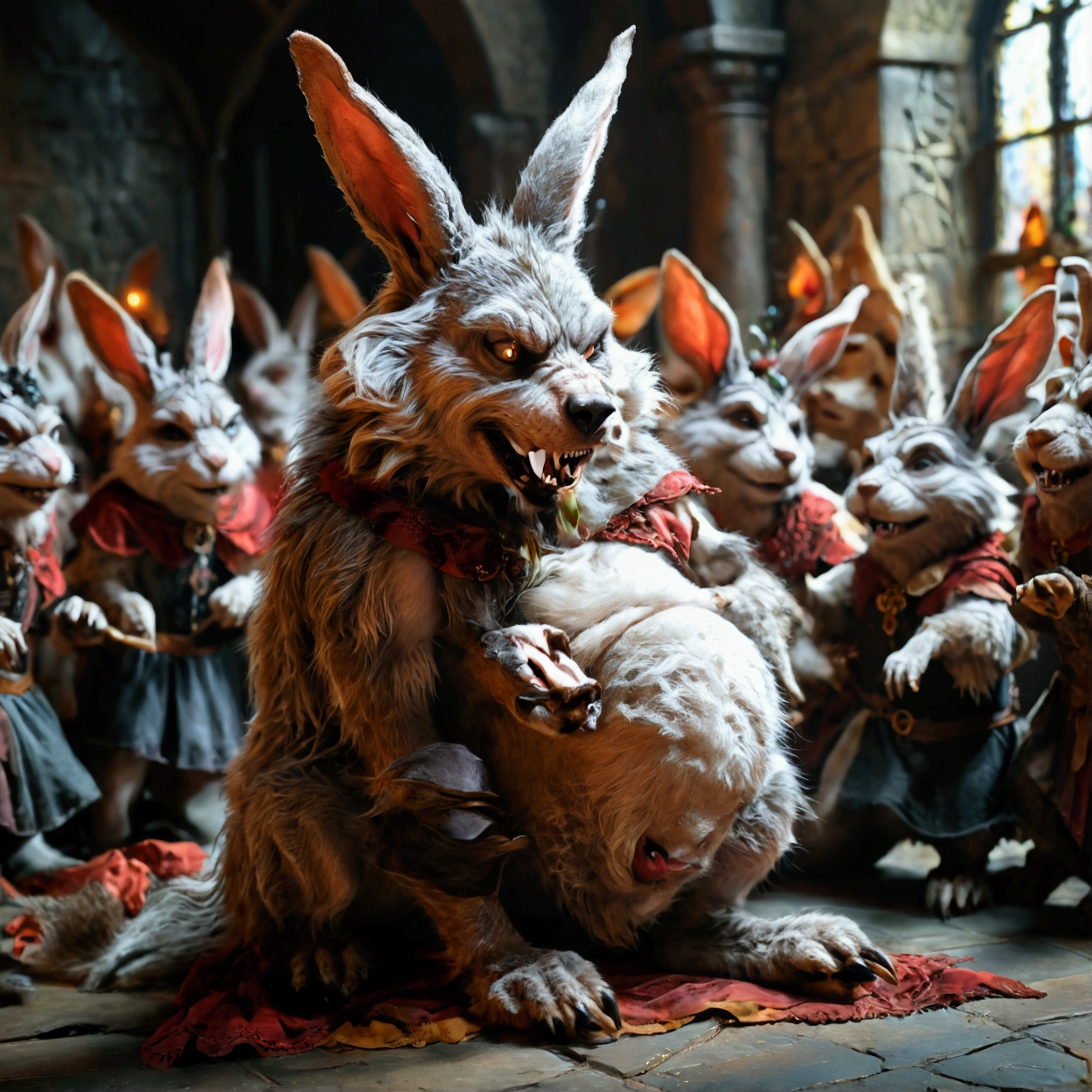 (((1 male werewolf))). Crowd of anthropomorphic female rabbits dressed as scary witches. Many female anthropomorphic rabbits are tickling a lone male anthropomorphic werewolf's belly. The werewolf is lying flat on his back spread eagle. They dance next to the large and bloated belly of a shocked werewolf who is restrained to the ground. photo realistic style. dark medieval dungeon. The anthropomorphic rabbits try to grab the werewolf's large penis and balls. Visible male genitals on the werewolf. side view. Full body shot of werewolf. Werewolf soft big belly focus. Correct anatomy. NSFW. Only the werewolf is nude.
