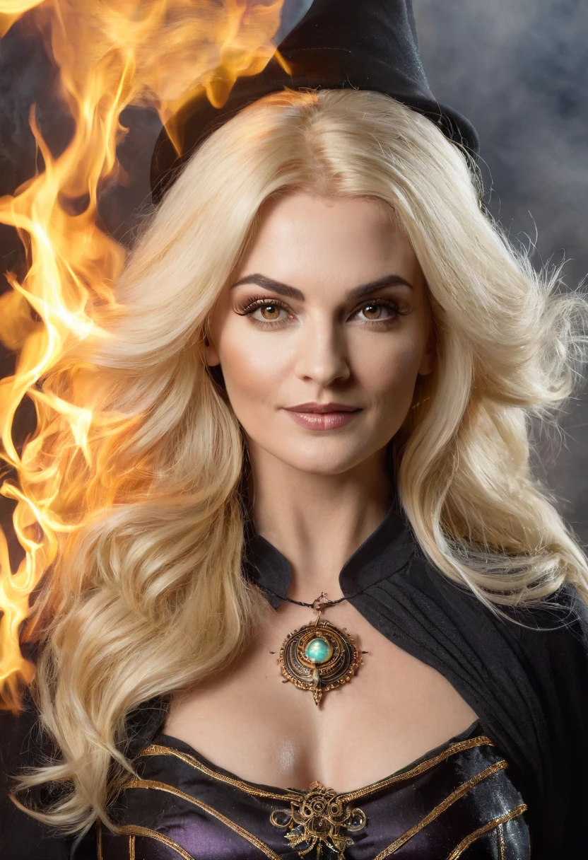 Masterpiece, best quality, (Beautiful face: 1.1), (realistic: 1.5) (Blonde witch, Marisha Becker, 30 year old woman, Fire Magic: 1.3), upper body