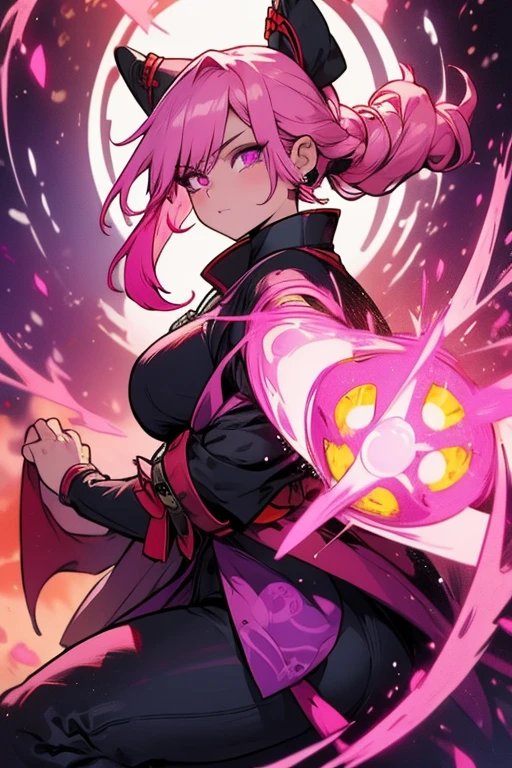Perfect face. Perfect hands. A pink haired samurai with violet eyes and an hourglass figure in a samurai outfit is spinning her scythe in an old town