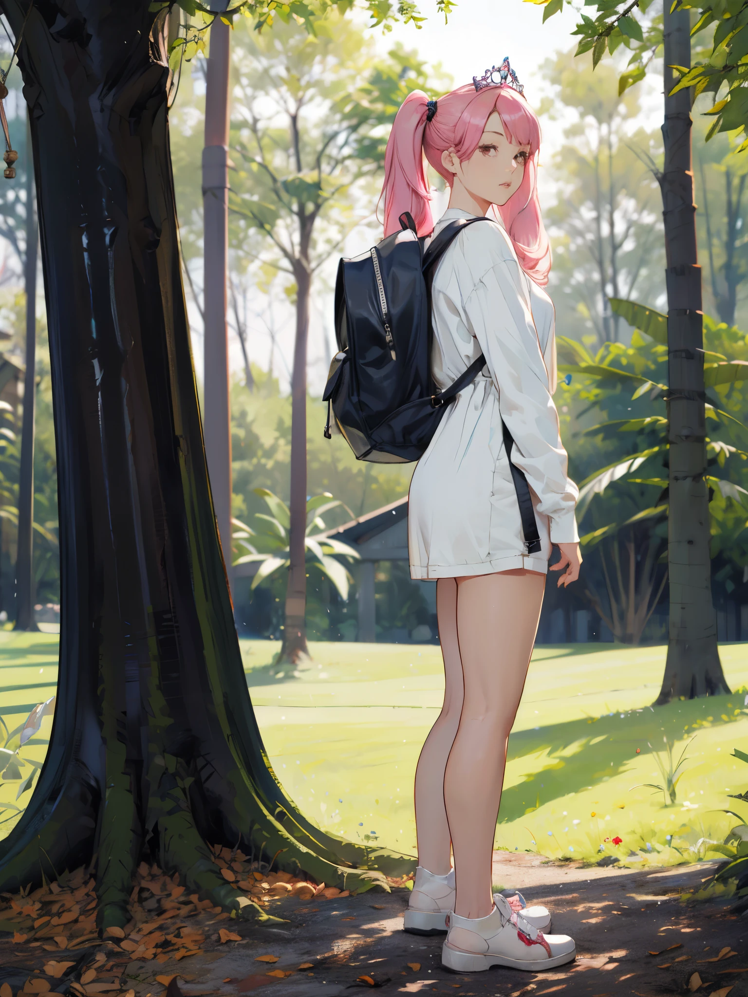 1girl, full body, from side, untucked long sleeve t-shirt dress, wearing backpack, bob hair, bangs, inside forest, sunlight, withering tree, detailed face, looking at viewer, shoes, thick thighs, legs, (standing alone), (absurdres, high resolution), (best quality art:1.2), (illustration, realistic), super details, dramatic light, white thigh high, hair ornament, tiara, pink hair, twintails, street,