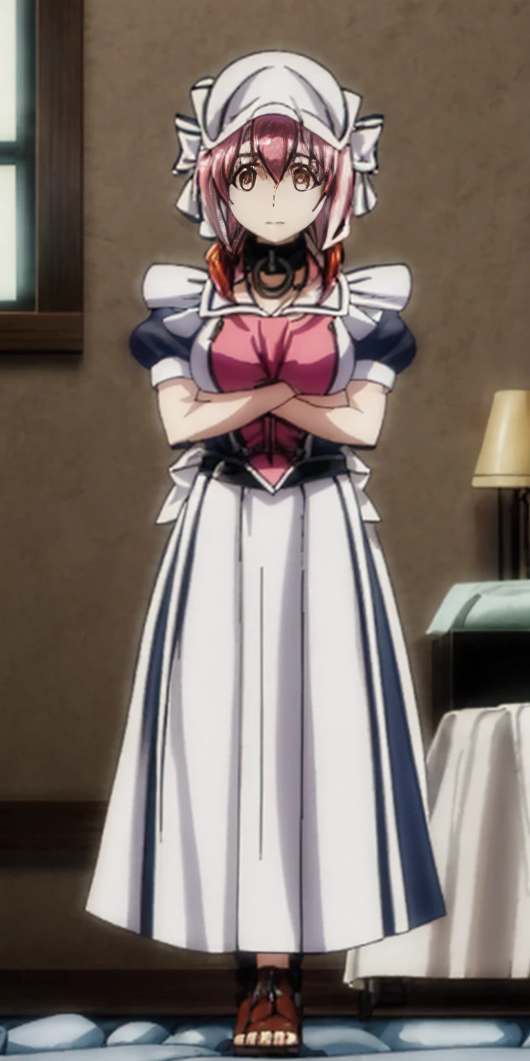 Roxanne, Sherry maid slave on bed open arms(masterpiece, top quality, best quality) pixel art, Slave 1girl full body toe to head, maid dress
