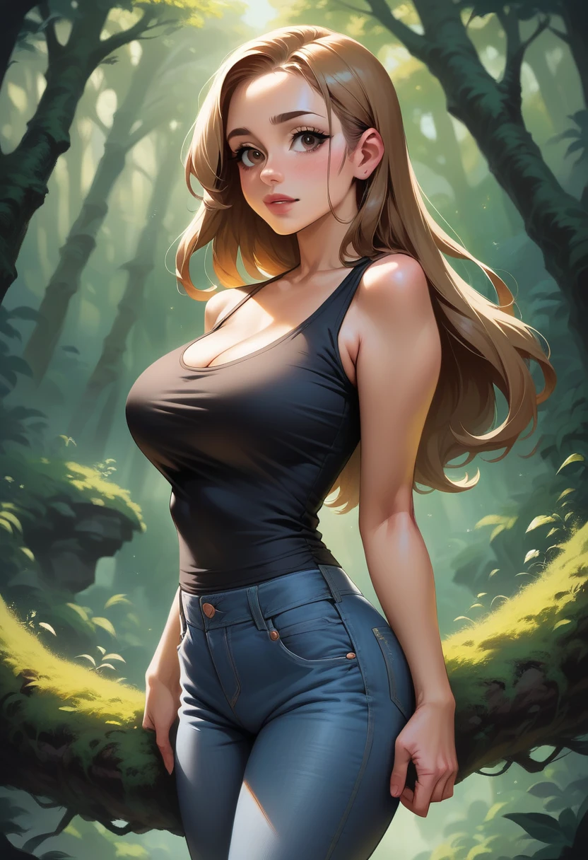 1girl, european girl, 18 years old, long light-brown hair, straight hair, curvy hair, a strand hair behind the ear, cute face,
average breast, white bloose, jeans, forest, source_realictic, deatiling panting, brown eyes, detailing body, detailing face, up view