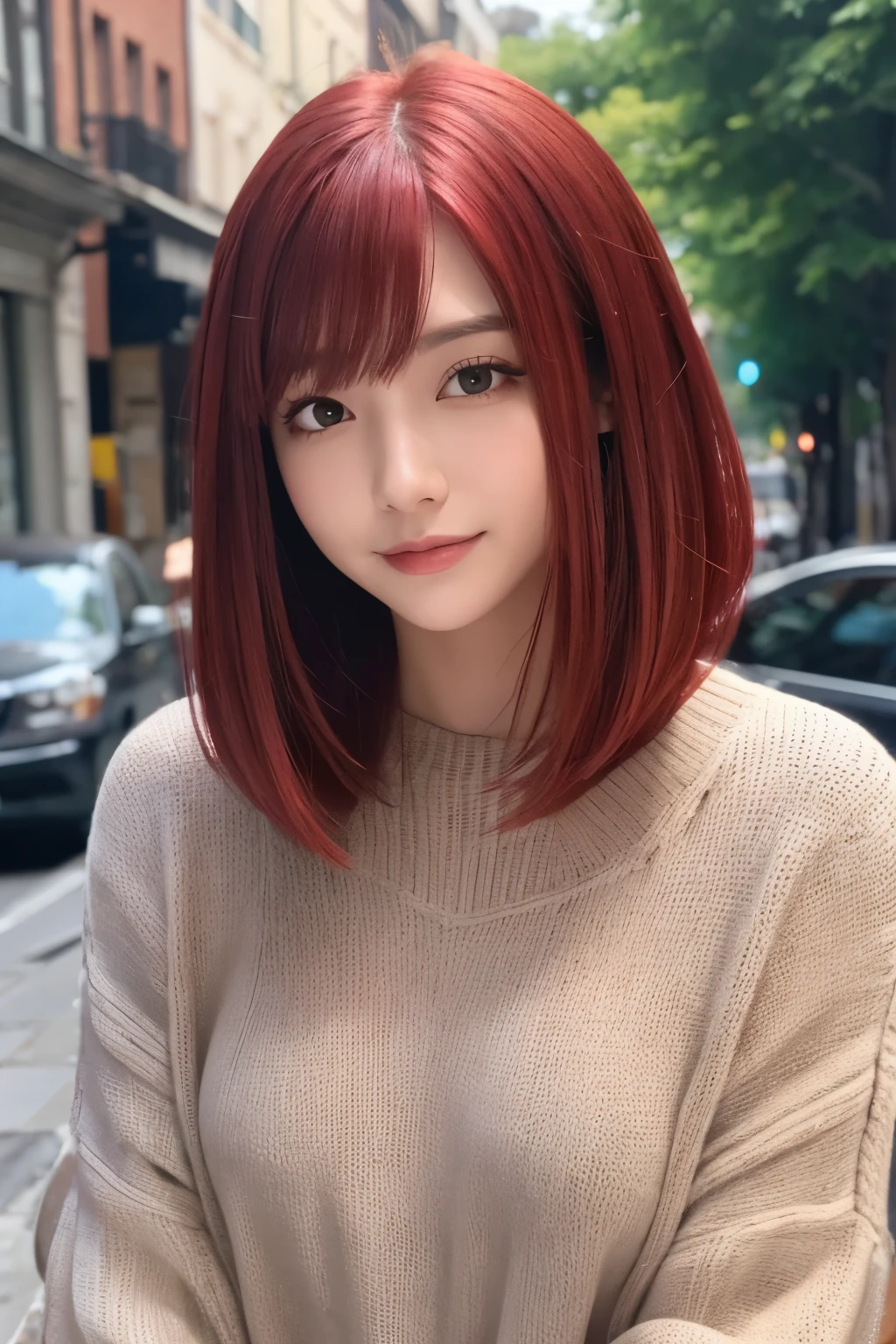 Woman with straight bob red hair