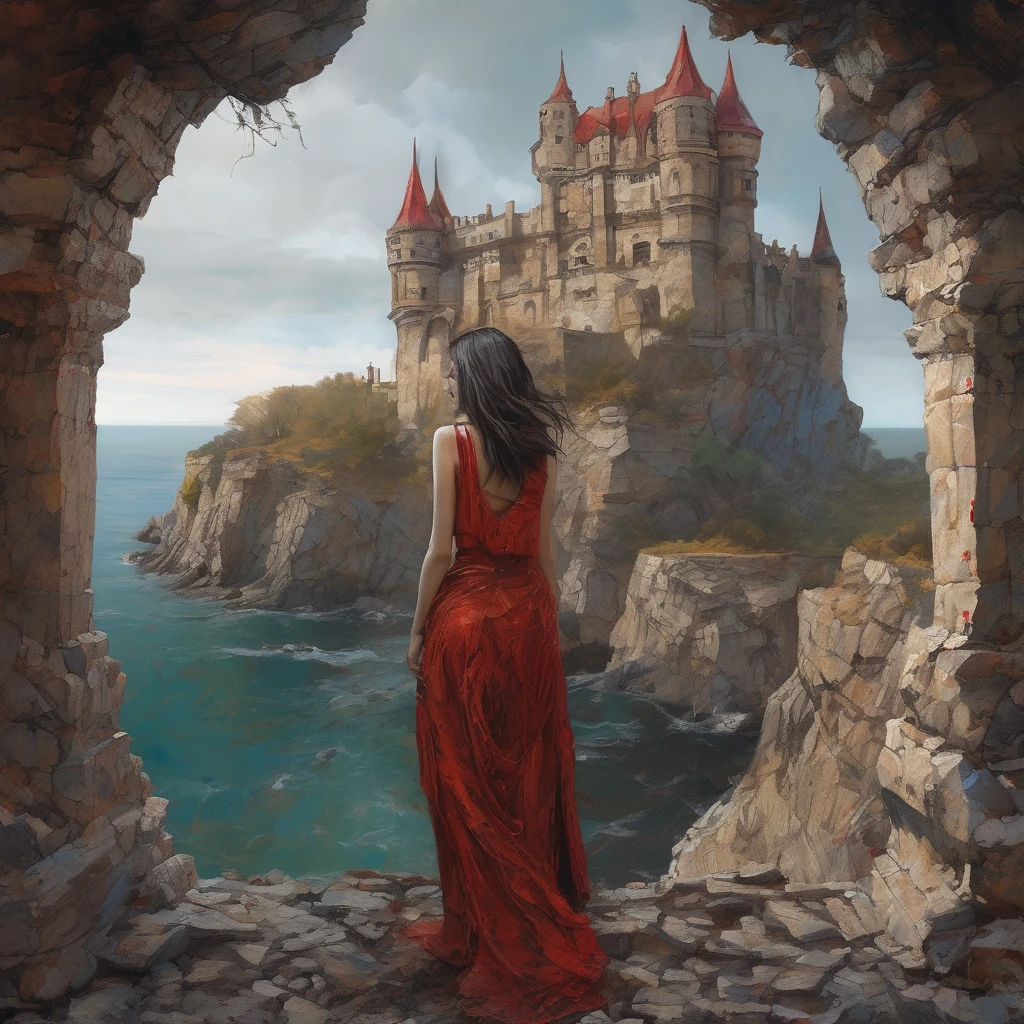 beautiful female vampire girl, fangs peeking out from mouth, red eyes, glamorous body, old castle on the cliff, acrylic art, ethereal background, abstract beauty,stand, approaching perfection, pure form, golden ratio, minimalistic, unfinished, concept art, and Carne Griffiths and Wadim Kashin and John William Waterhouse, intricate details, 8k post production, high resolution, hyperdetailed, trending on artstation, sharp focus, studio photo, intricate details, highly detailed, by greg rutkowski
