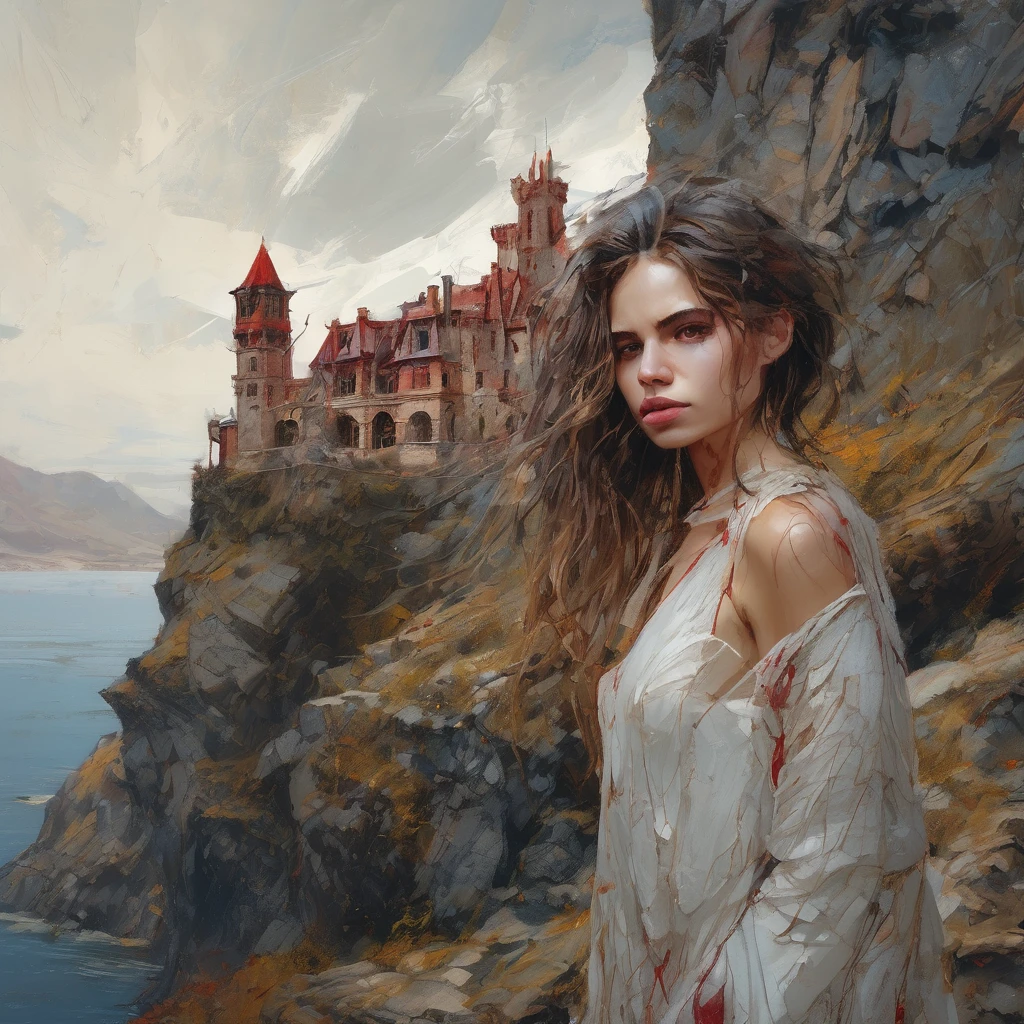 beautiful female vampire girl, fangs peeking out from mouth, red eyes, glamorous body, old castle on the cliff, acrylic art, ethereal background, abstract beauty,stand, approaching perfection, pure form, golden ratio, minimalistic, unfinished, concept art, and Carne Griffiths and Wadim Kashin and John William Waterhouse, intricate details, 8k post production, high resolution, hyperdetailed, trending on artstation, sharp focus, studio photo, intricate details, highly detailed, by greg rutkowski