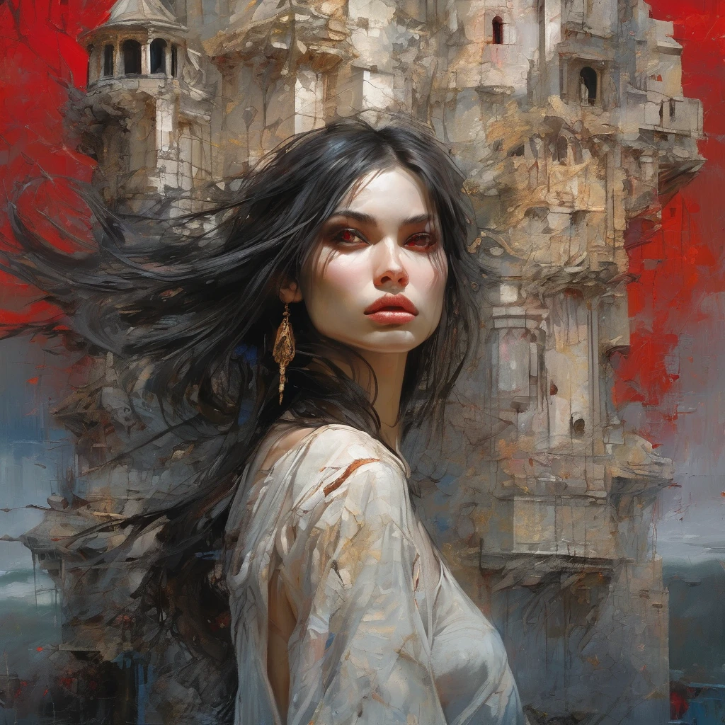 beautiful female vampire girl, fangs peeking out from mouth, red eyes, glamorous body, old castle on the cliff, acrylic art, ethereal background, abstract beauty,stand, approaching perfection, pure form, golden ratio, minimalistic, unfinished, concept art, and Carne Griffiths and Wadim Kashin and John William Waterhouse, intricate details, 8k post production, high resolution, hyperdetailed, trending on artstation, sharp focus, studio photo, intricate details, highly detailed, by greg rutkowski