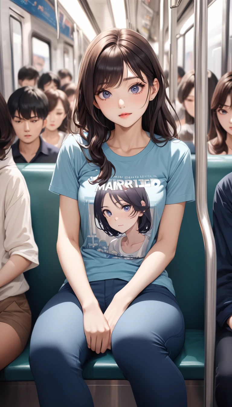 masterpiece, High resolution, perfect face, Korean beauty, 30 years old, beautiful face, in the crowded train, anime T-shirt, skinny pants, embarrassed look, look at the camera, (top quality eyes), detailed texture, look at me, Married woman, cool women, ((high resolution eyes)), little curvy, sitting
