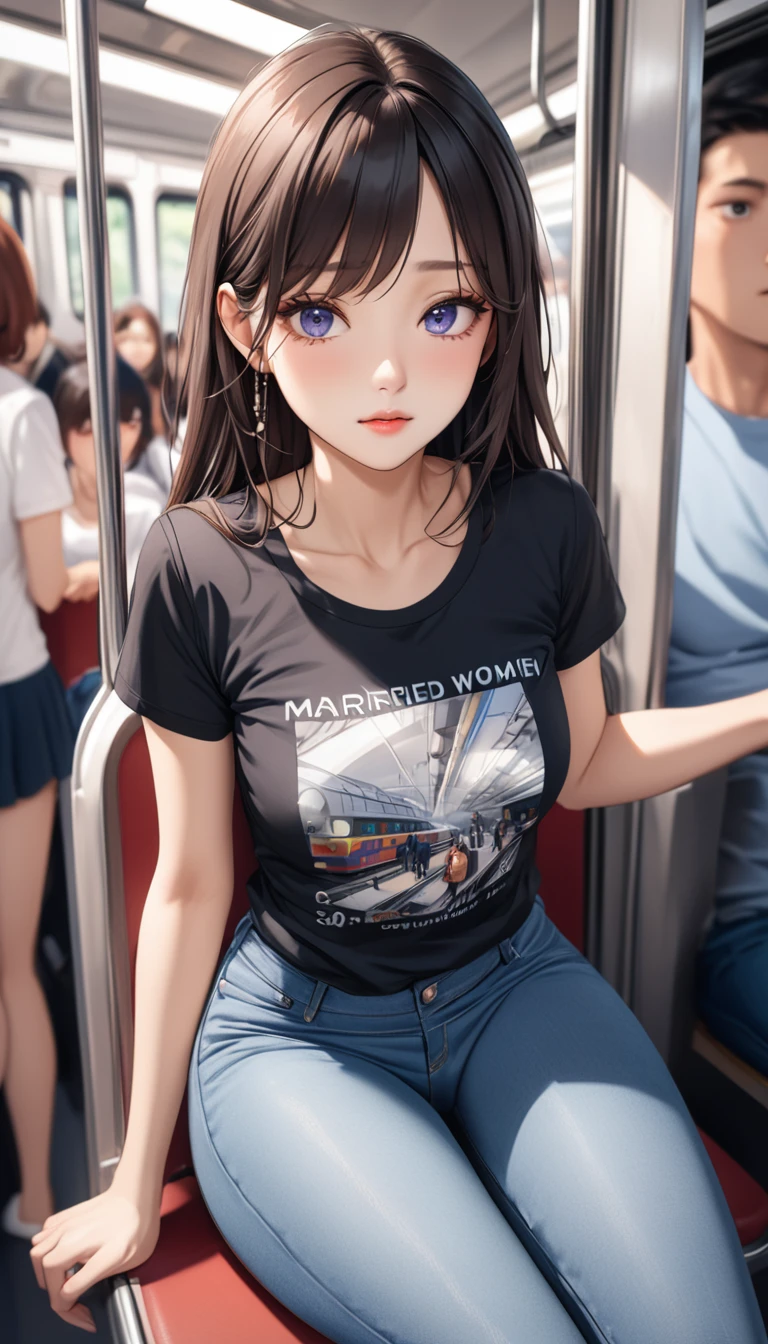 masterpiece, High resolution, perfect face, Korean beauty, 30 years old, beautiful face, in the crowded train, anime T-shirt, skinny pants, embarrassed look, look at the camera, (top quality eyes), detailed texture, look at me, Married woman, cool women, ((high resolution eyes)), little curvy, sitting