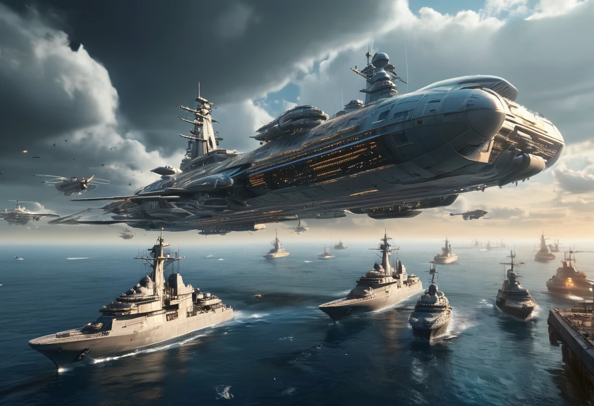 (high quality，Masterpiece，Extremely detailed，3d，8k:1.2) ，Future City，Surreal，Several warships in the air